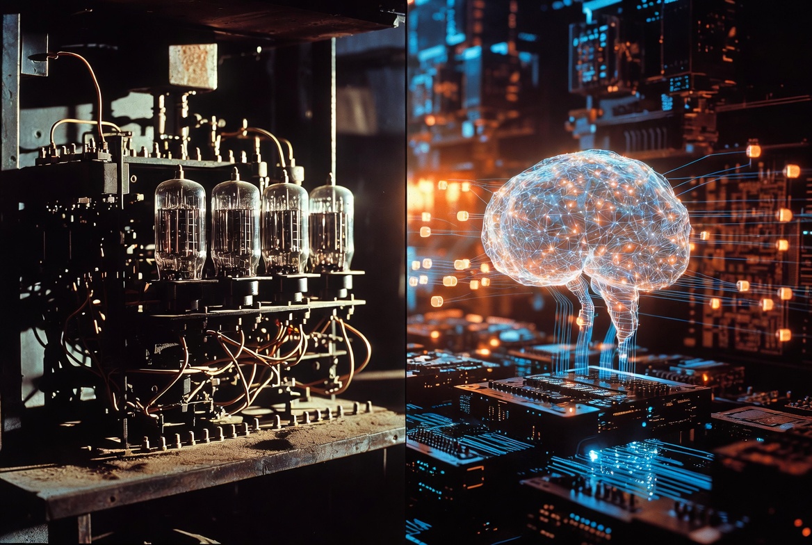 Split image showing old vacuum tube hardware transforming into modern neural network and data center