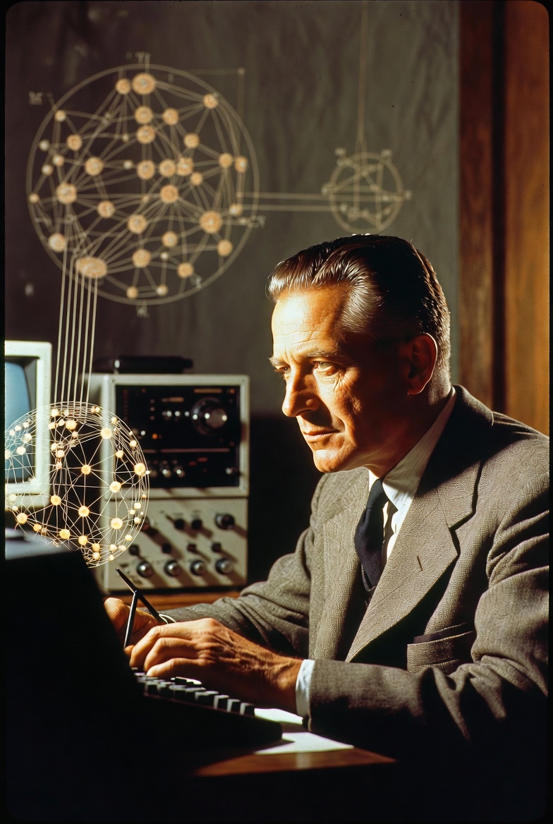 Frank Rosenblatt with neural network overlay