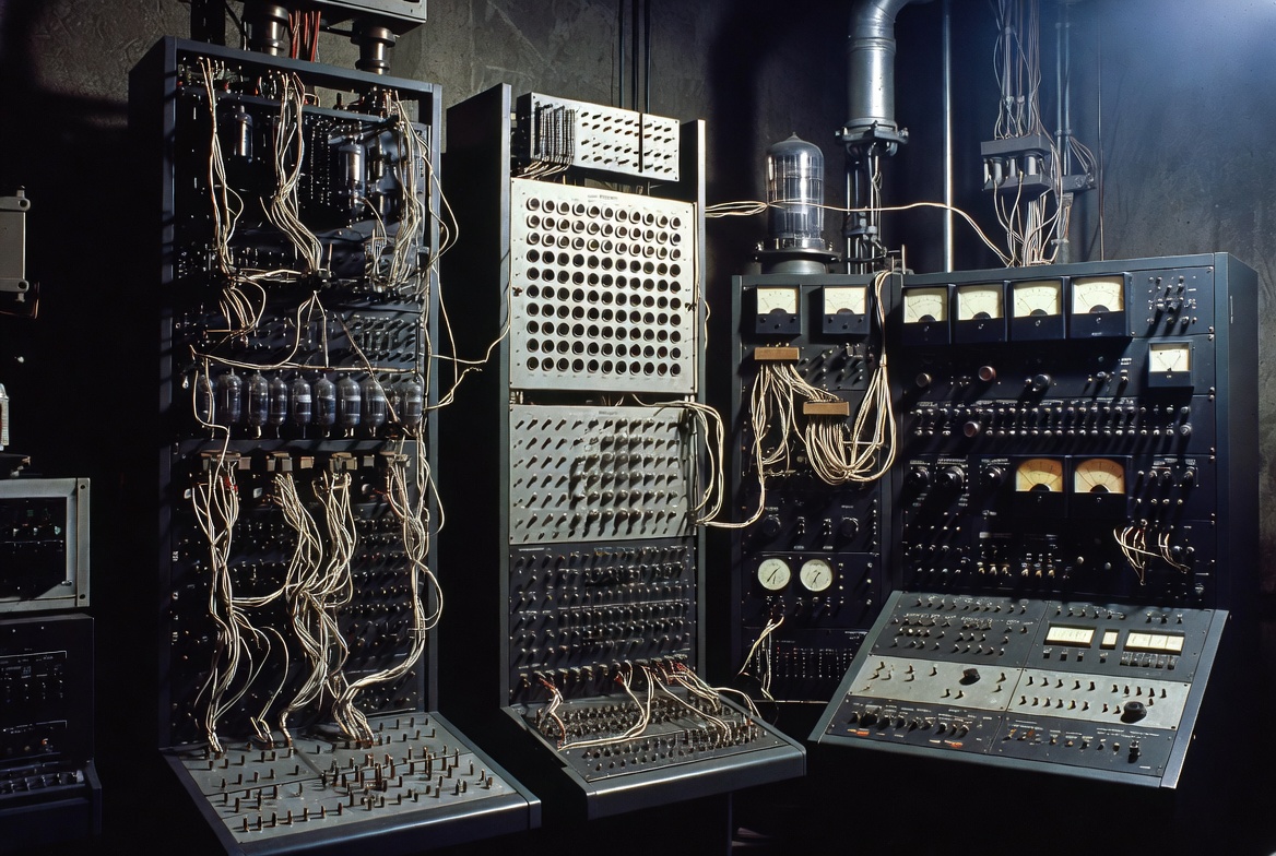 Mark I Perceptron hardware - large 1950s electronic racks with wires and control panels